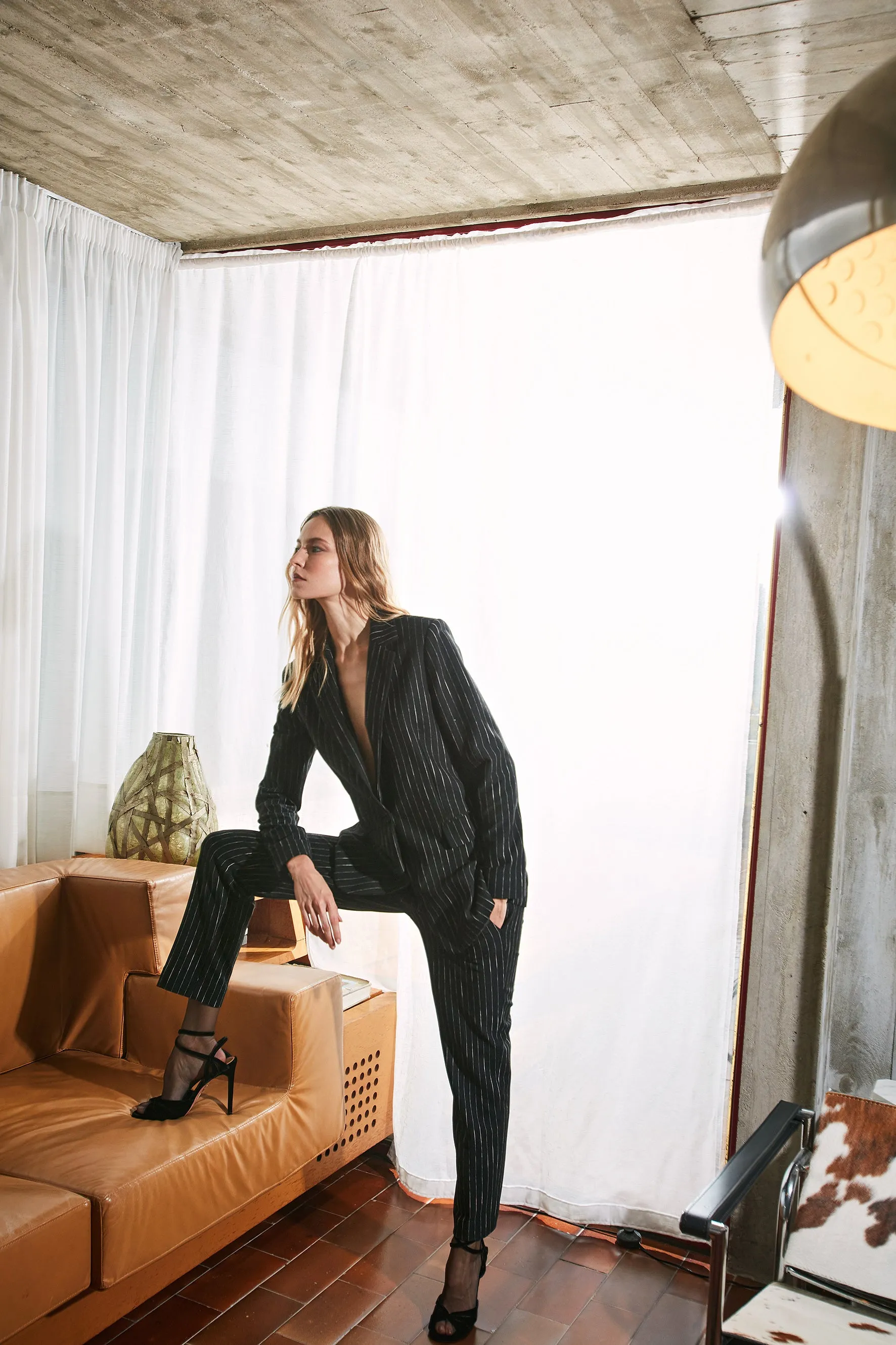 Irene women’s long blazer in pinstripe jersey sold by Mason's