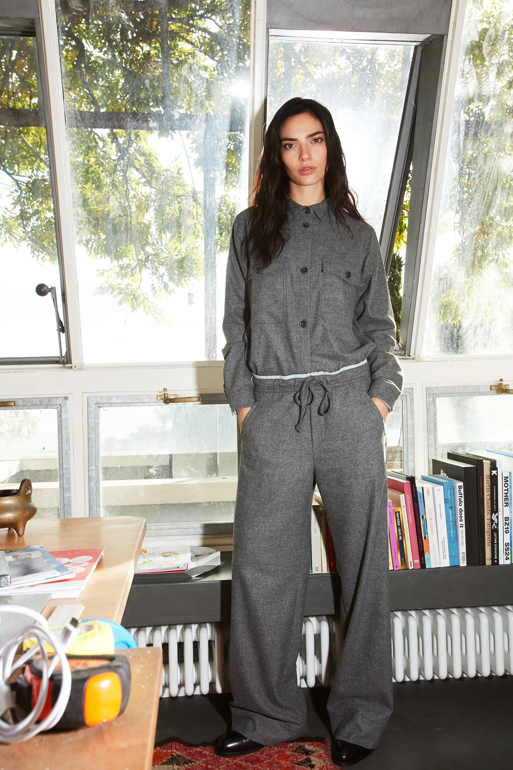 New York Studio Elax women’s solid wool chino pant wide leg sold by Mason's