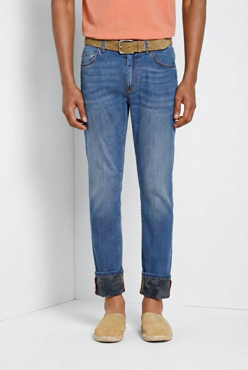 Harris men's 5-pocket pants in camouflage print denim slim fit sold by Mason's