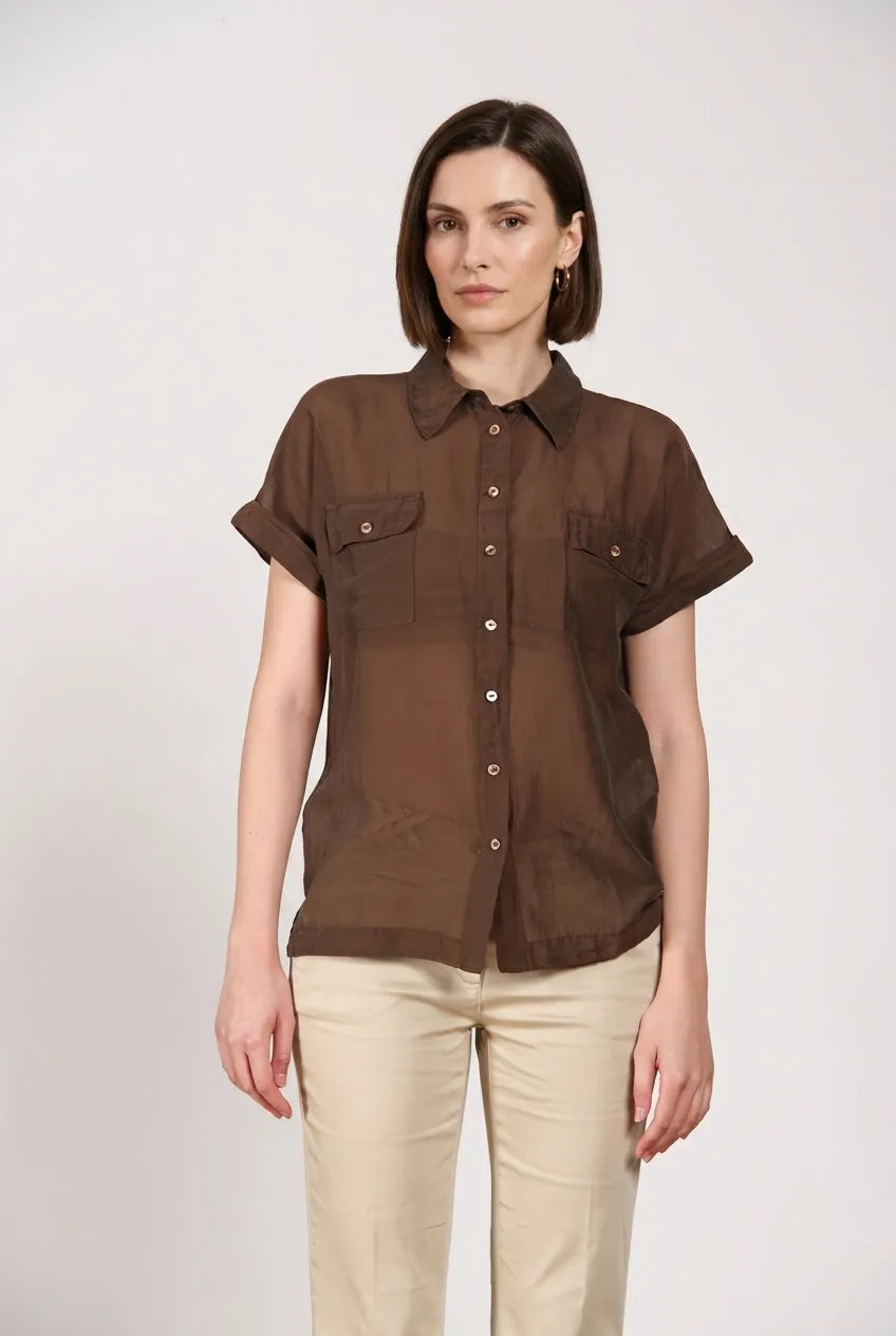 Natalie women's shirt short-sleeved in cotton and silk muslin sold by Mason's