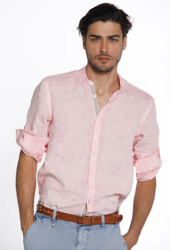 Porto man shirt in "cold dye" linen with mandarin collar and ribbons sold by Mason's