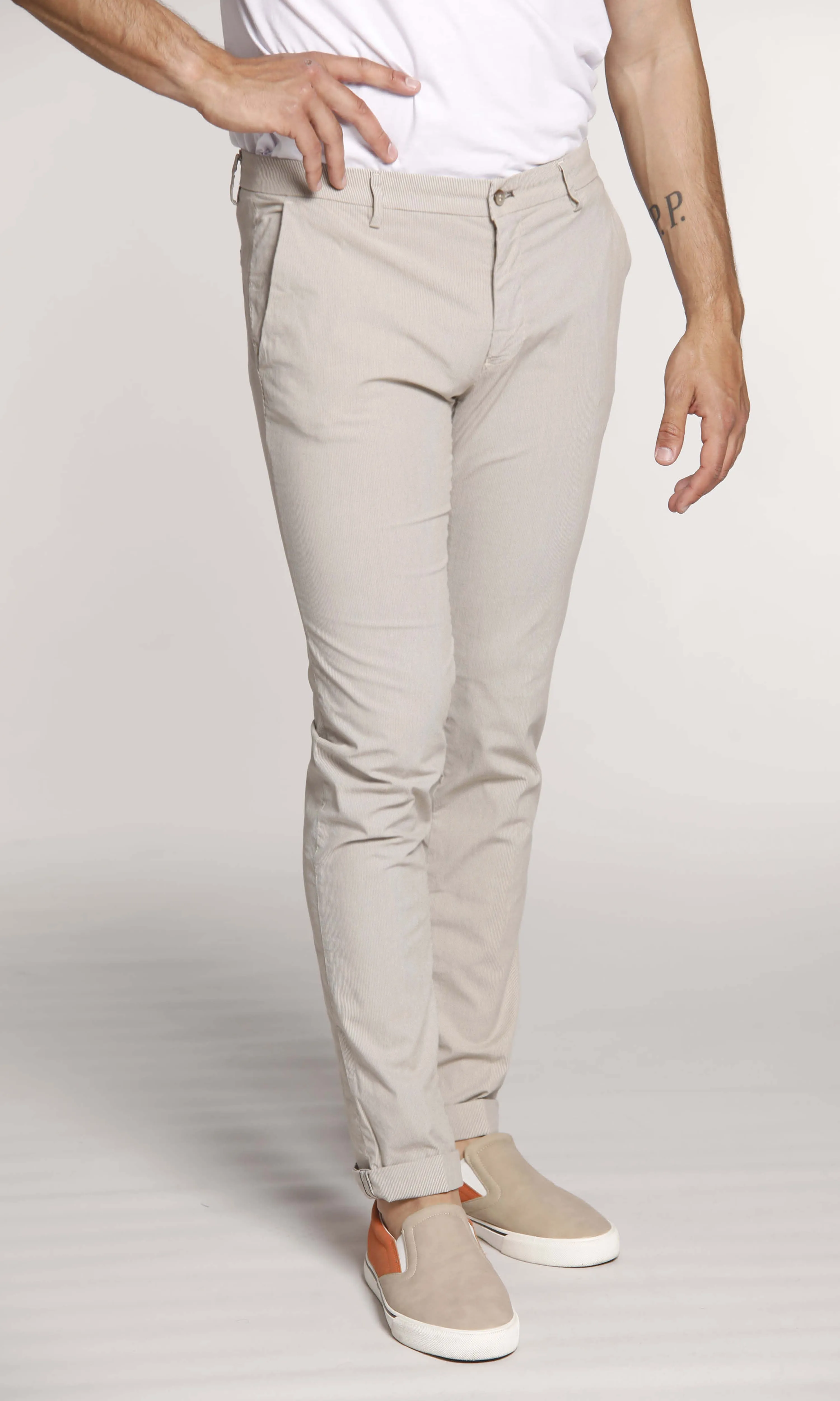 Milano Limited man chino pants in cotton and tencel with stripes pattern extra slim sold by Mason's