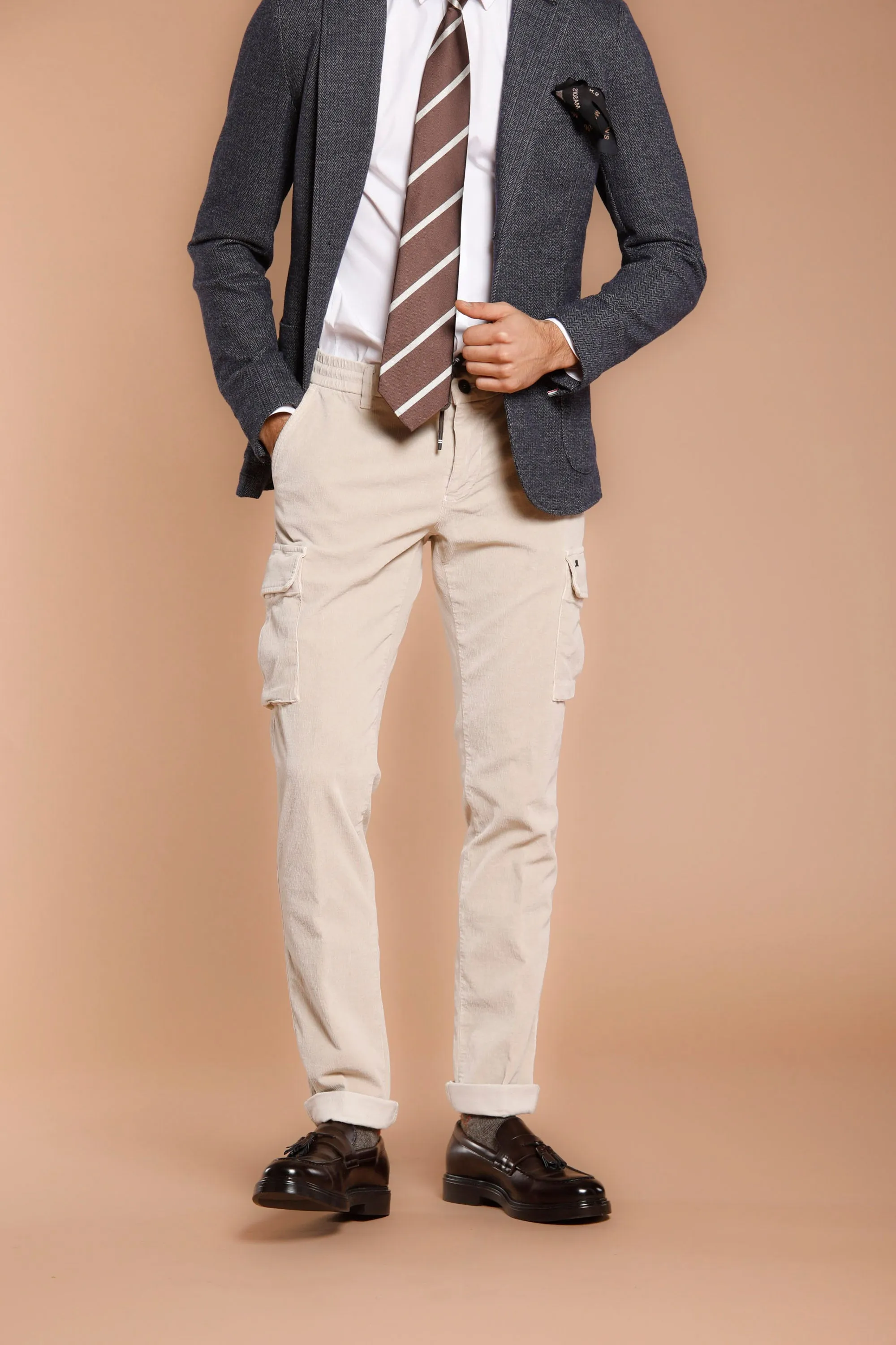 Chile Jogger man cargo pant in 1500 striped velvet extra slim sold by Mason's