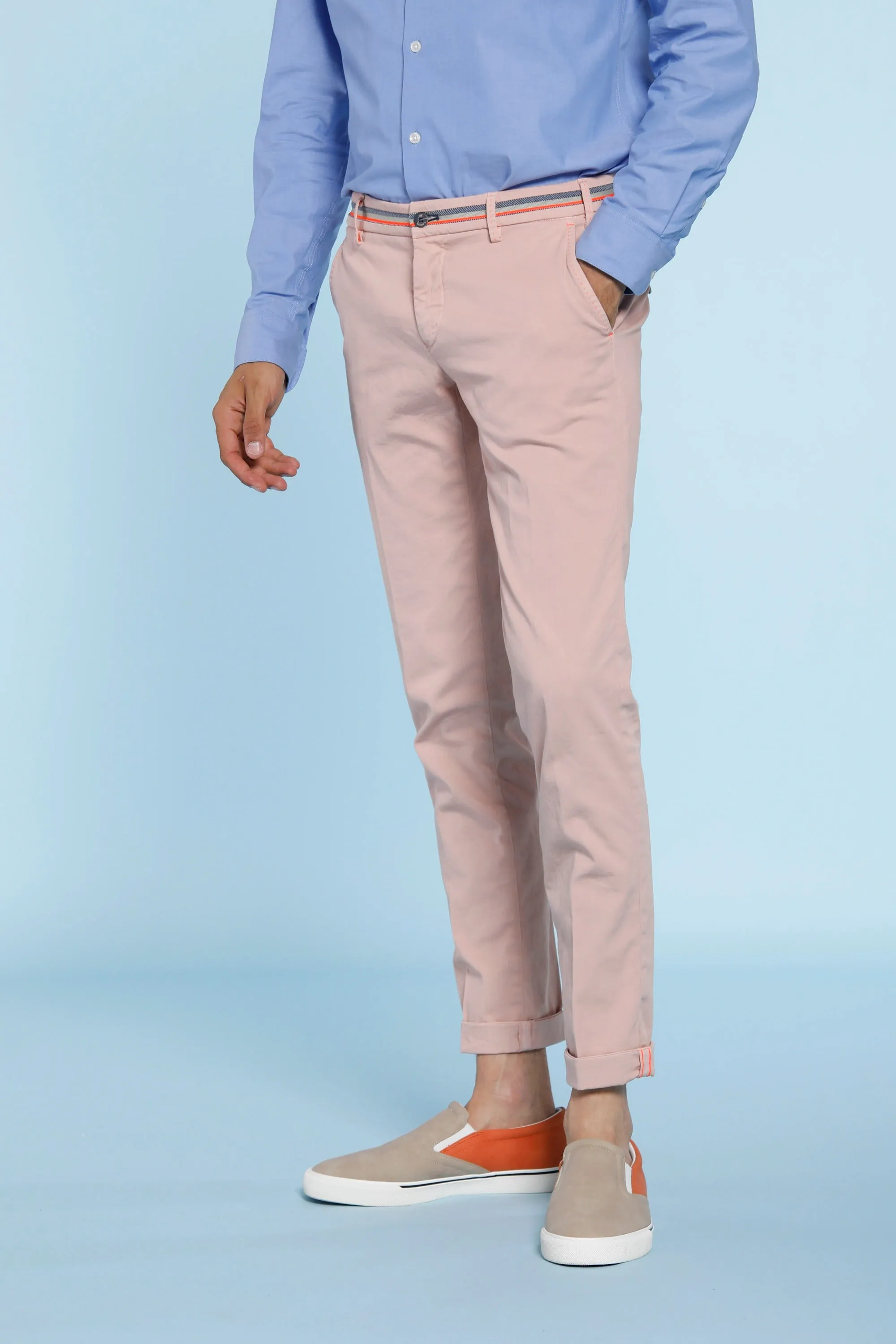 Milano Start man chino pants in stretch satin with fluo ribbons extra slim sold by Mason's