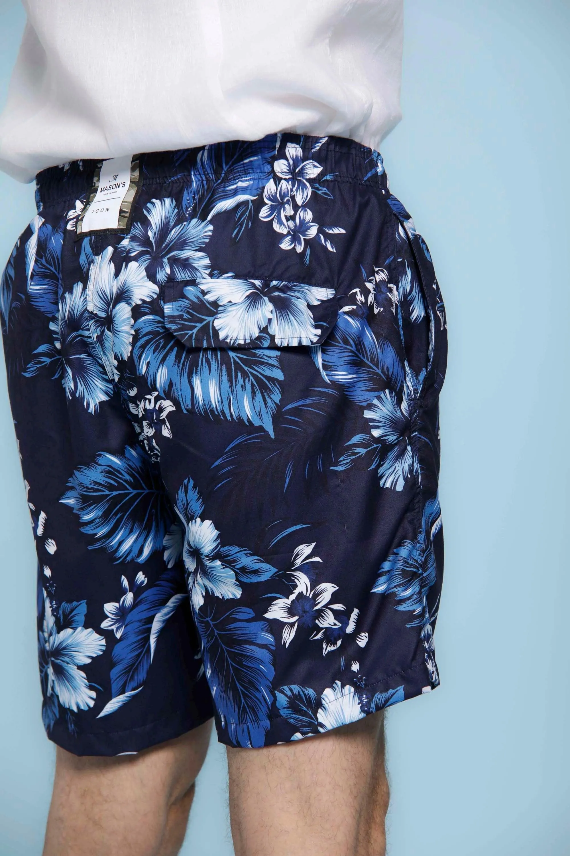 Versilia Beach Chinos man swimming trunks with blue ibiscus pattern in polyester sold by Mason's product image thumbnail 5