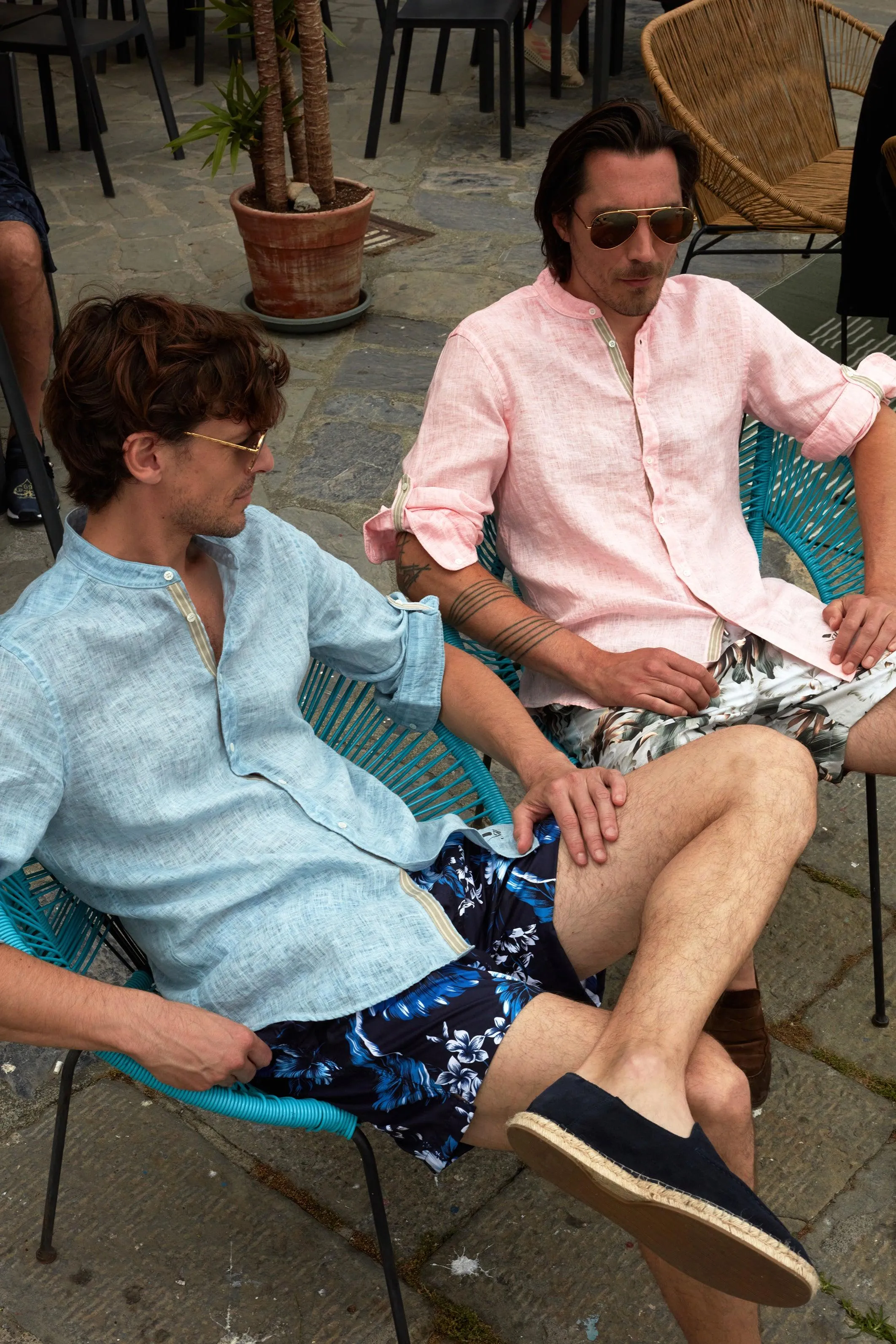 Versilia Beach Chinos man swimming trunks with blue ibiscus pattern in polyester sold by Mason's