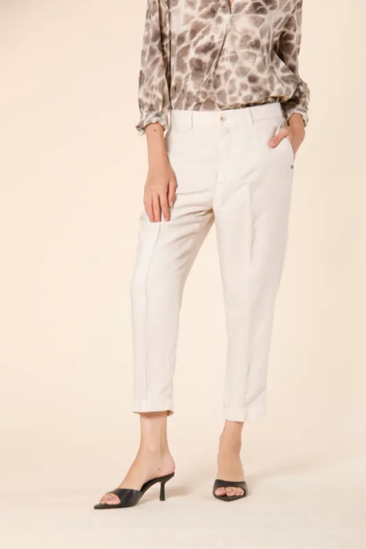 Linda Summer women's chino jogger pants in tencel and linen mat fabric relaxed sold by Mason's