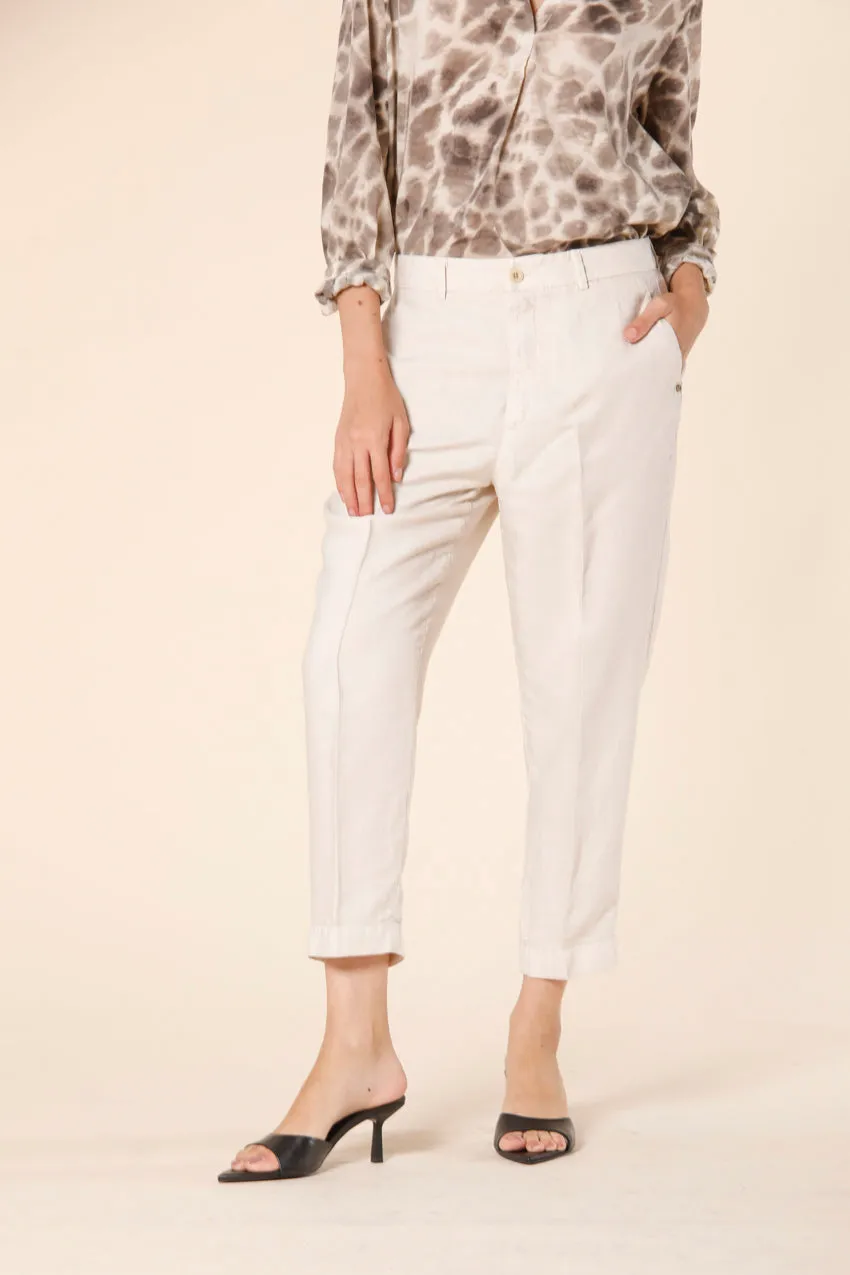 Linda Summer women's chino jogger pants in tencel and linen mat fabric relaxed sold by Mason's