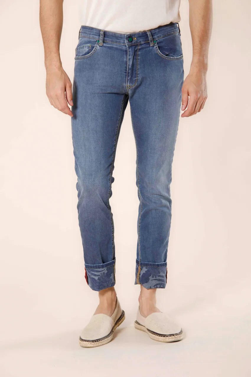 Harris 5 pockets men's pants in stretch denim with hawaii flower pattern slim sold by Mason's