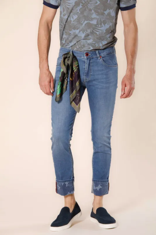 Harris 5 pockets men's pants in stretch denim with hawaii flower pattern slim sold by Mason's
