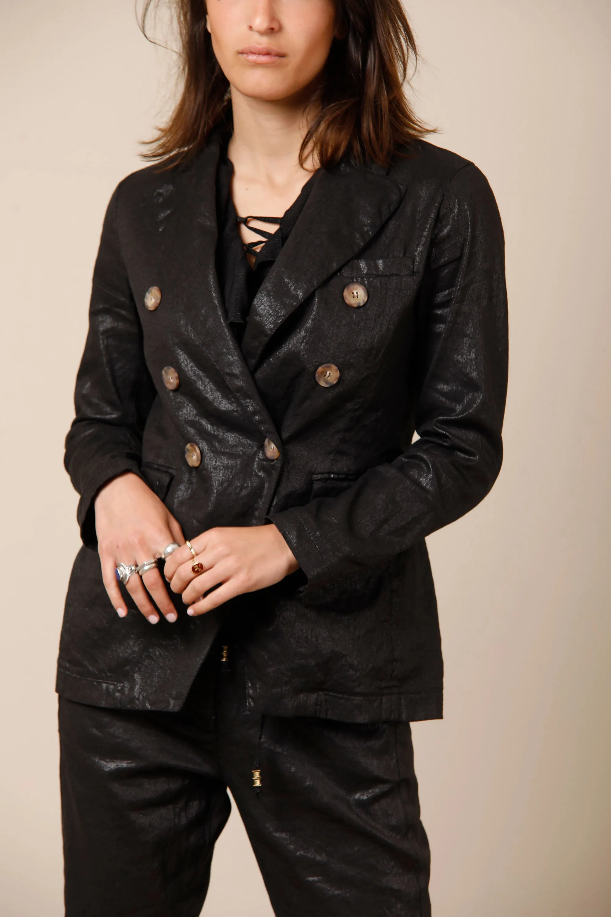 Caroline woman double breasted blazer in linen and cotton sold by Mason's