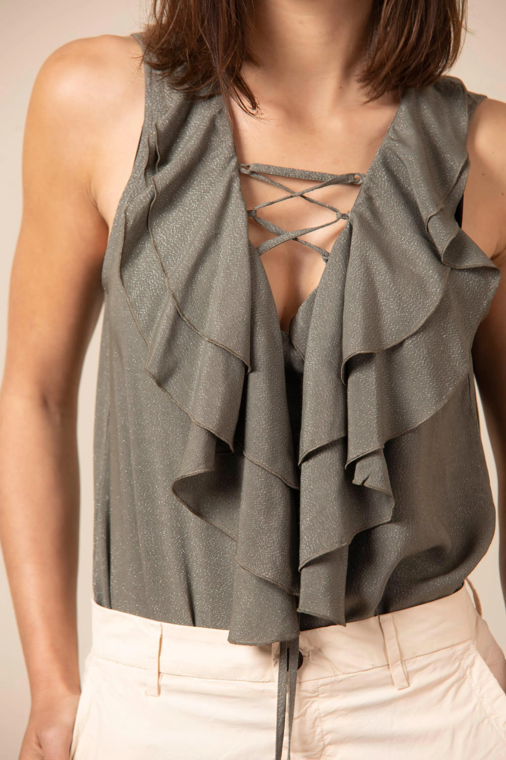 Selene woman sleeveless shirt in viscose with ruffles sold by Mason's