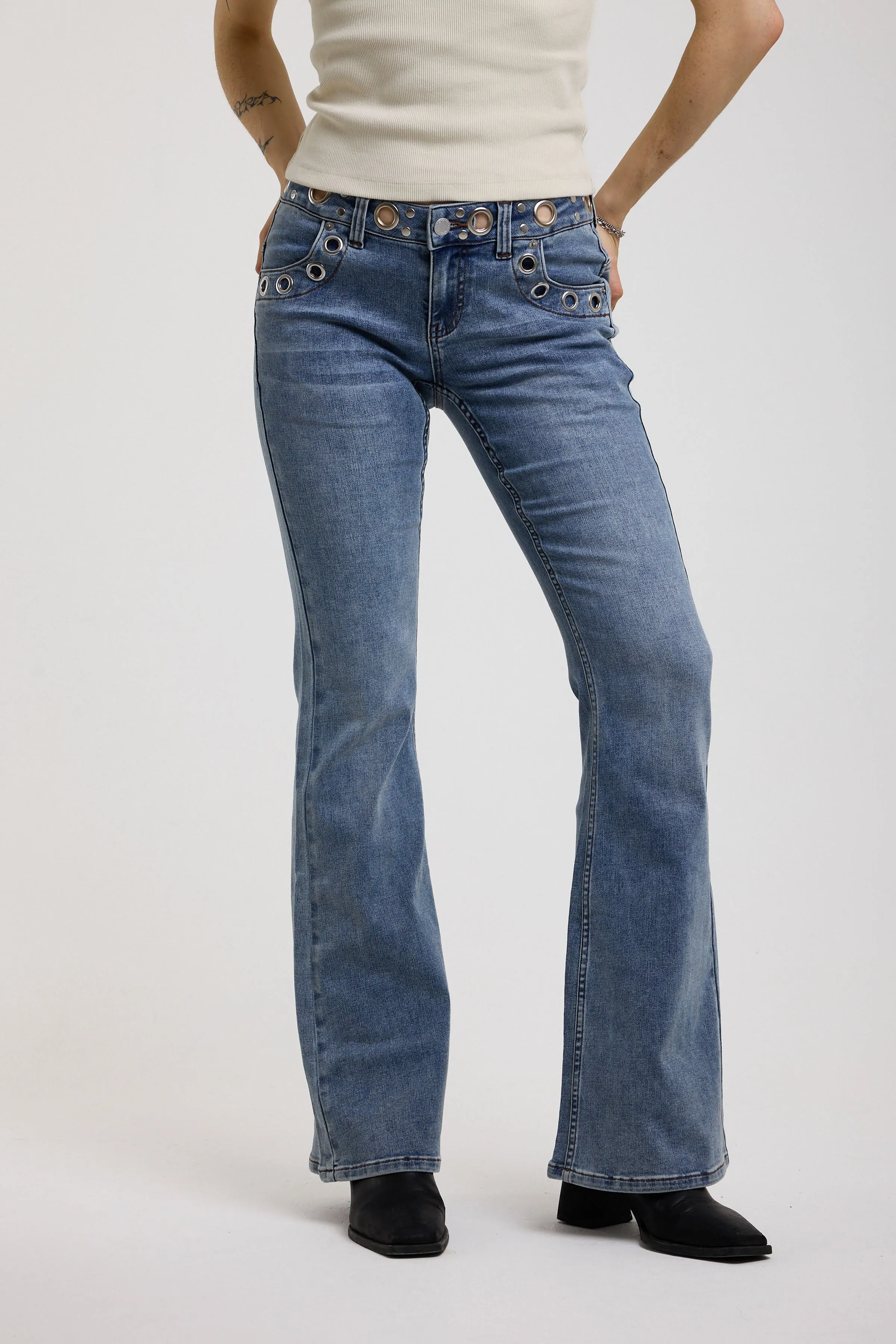 Grade Mid-Blue Low Rise Eyelet Flare Jeans sold by The Ragged Priest product image thumbnail 2