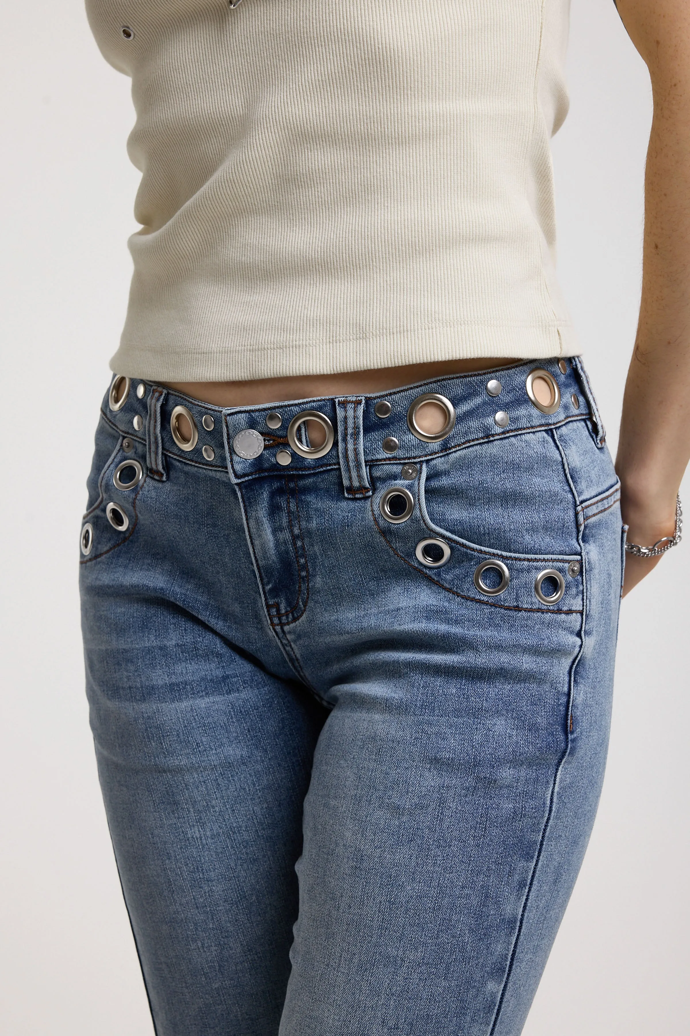 Grade Mid-Blue Low Rise Eyelet Flare Jeans sold by The Ragged Priest product image thumbnail 3