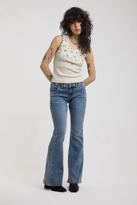 Grade Mid-Blue Low Rise Eyelet Flare Jeans made by The Ragged Priest