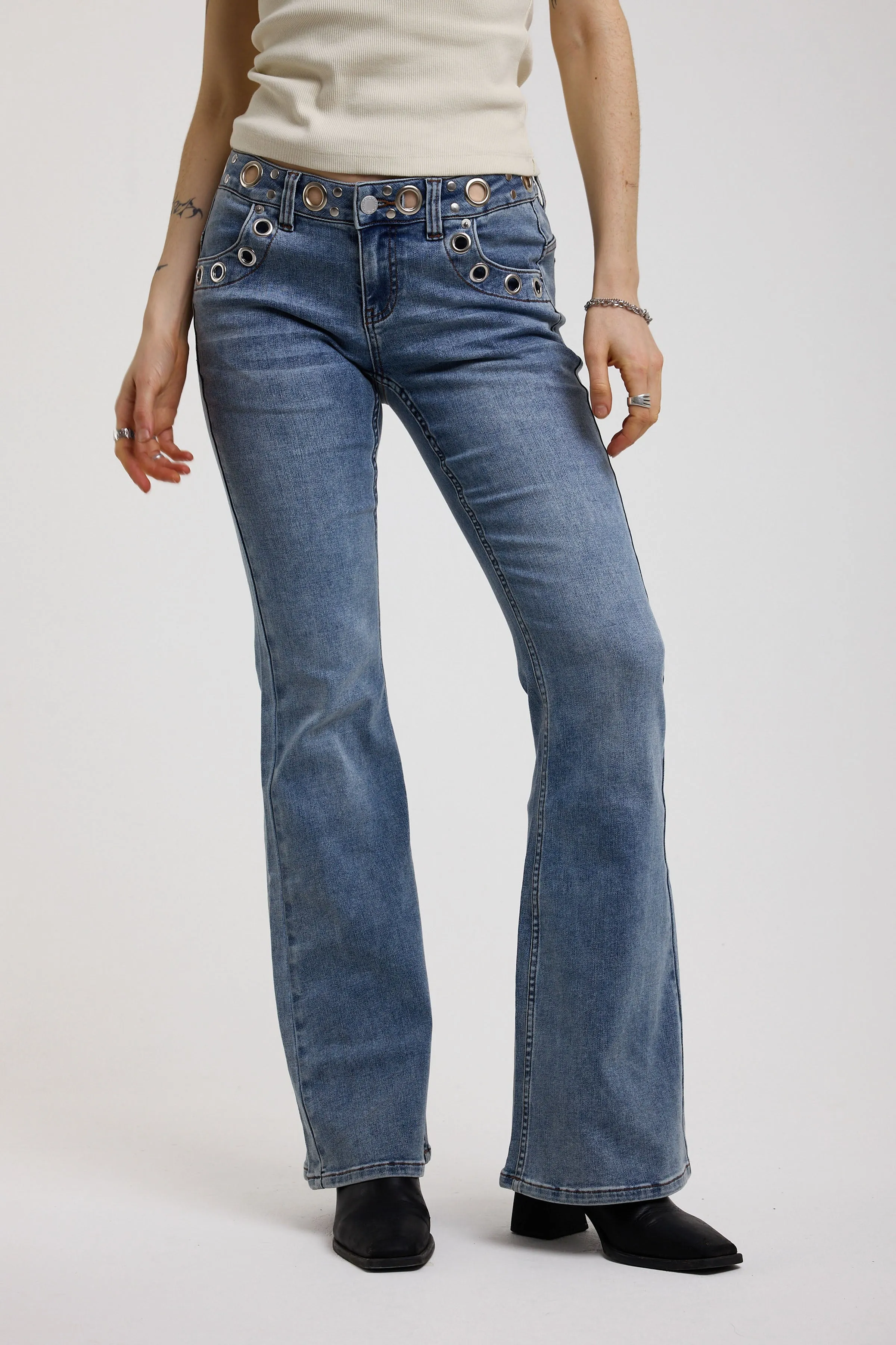 Grade Mid-Blue Low Rise Eyelet Flare Jeans sold by The Ragged Priest product image thumbnail 5