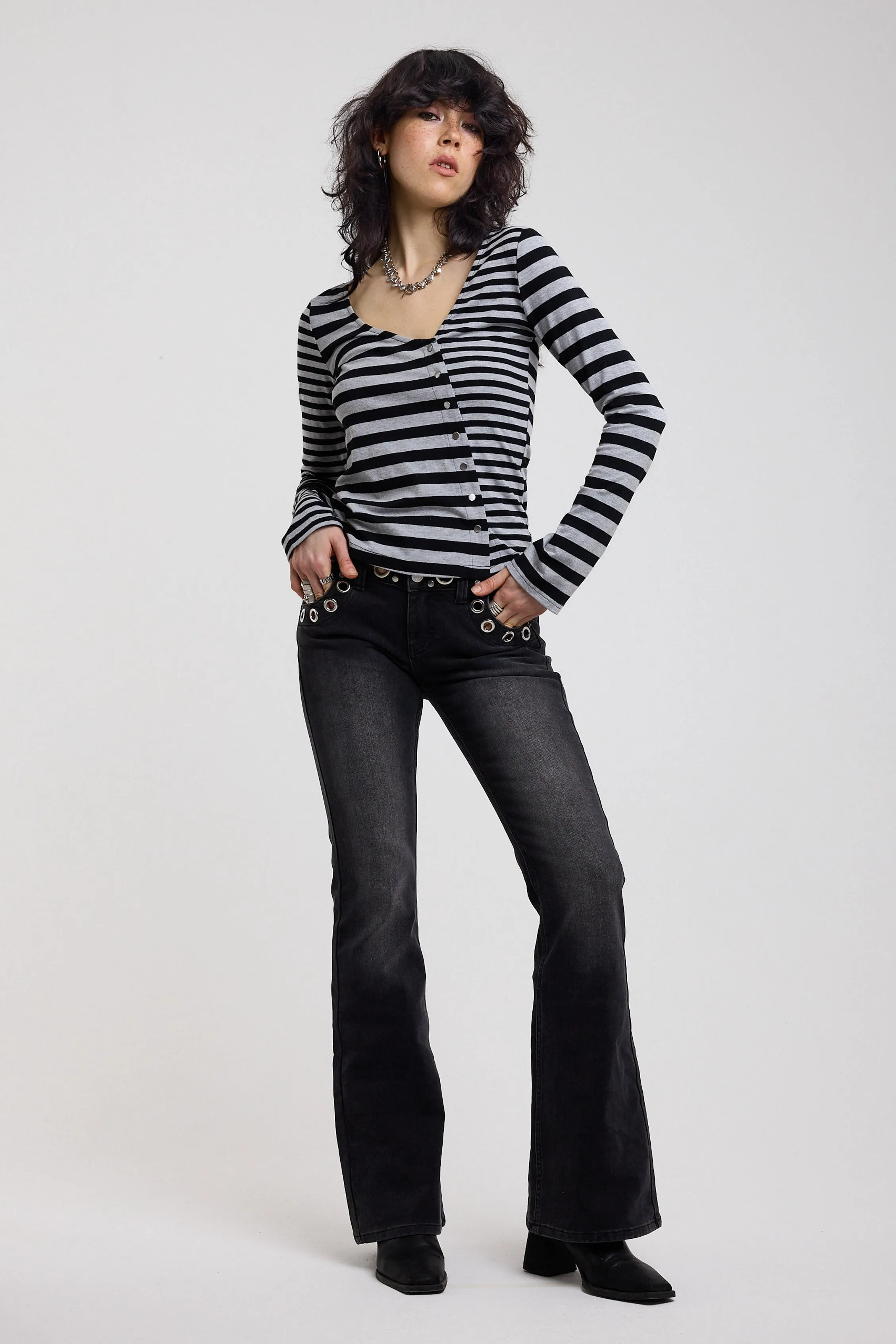 Grade Black Low Rise Eyelet Flare Jeans sold by The Ragged Priest