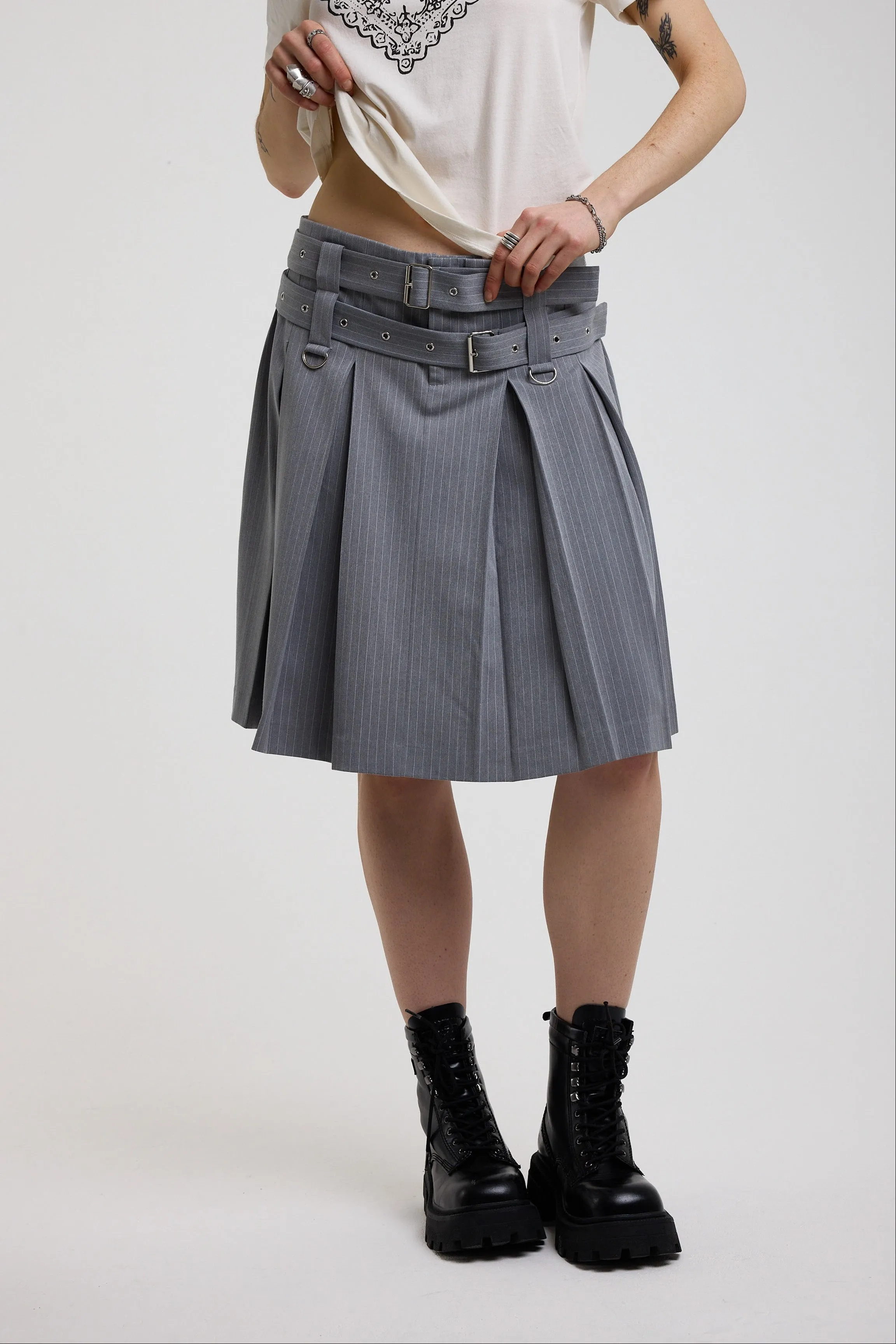 Task Pinstripe Awkward Midi Skirt sold by The Ragged Priest product image thumbnail 2