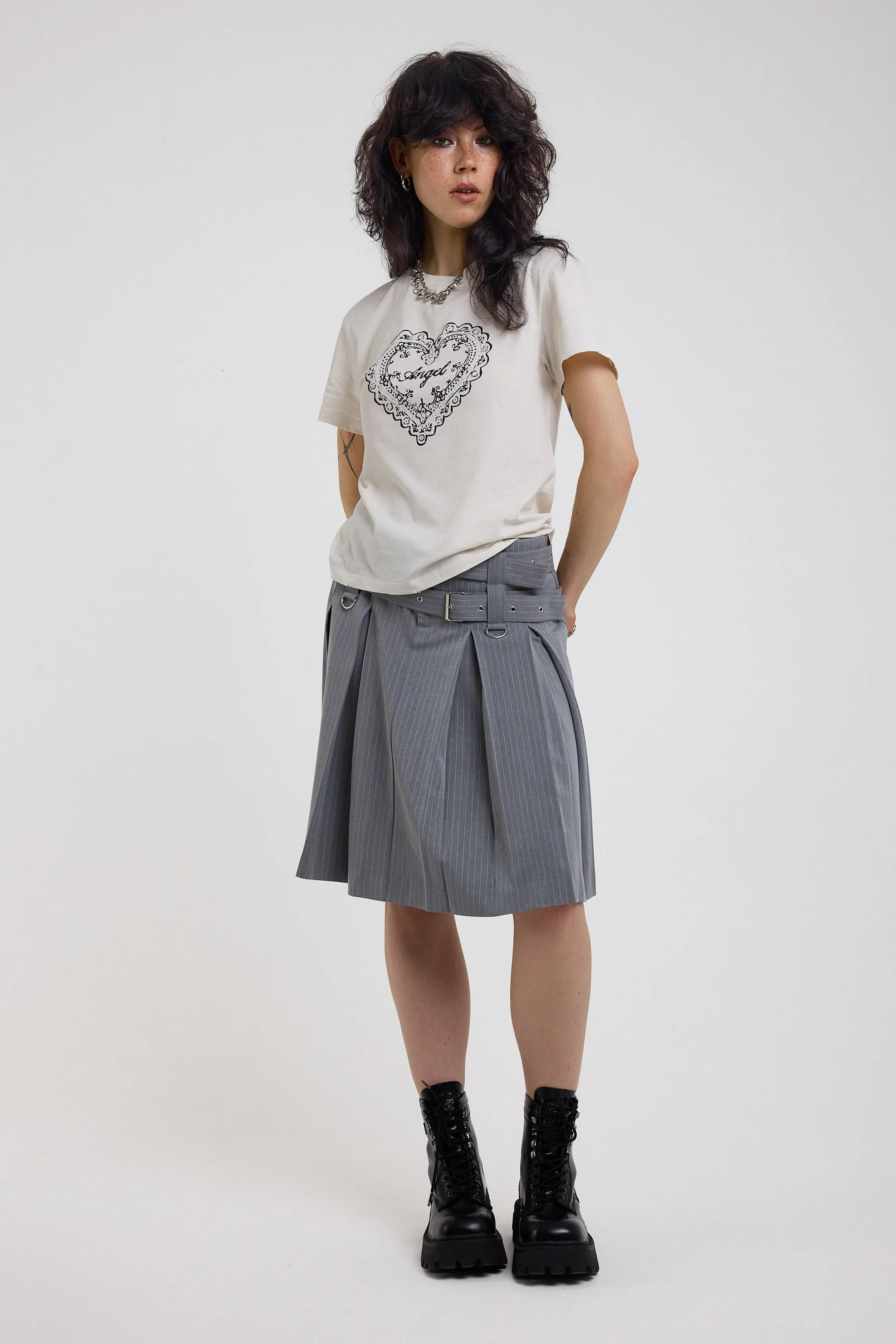 Task Pinstripe Awkward Midi Skirt sold by The Ragged Priest