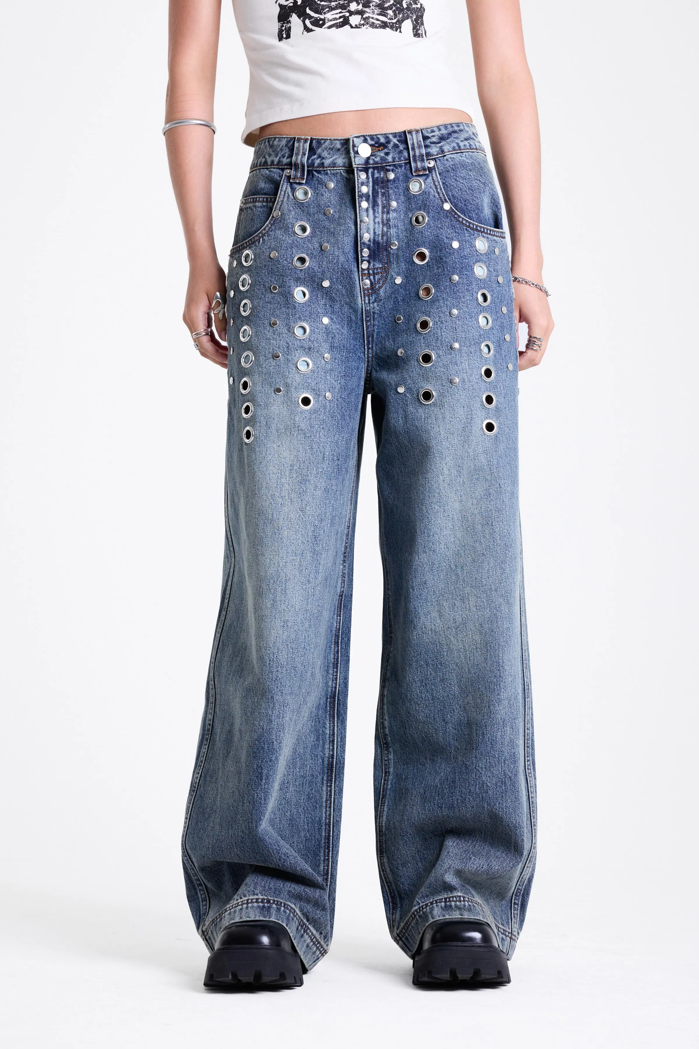 Puncture Eyelet Studded Baggy Jeans sold by The Ragged Priest product image thumbnail 2