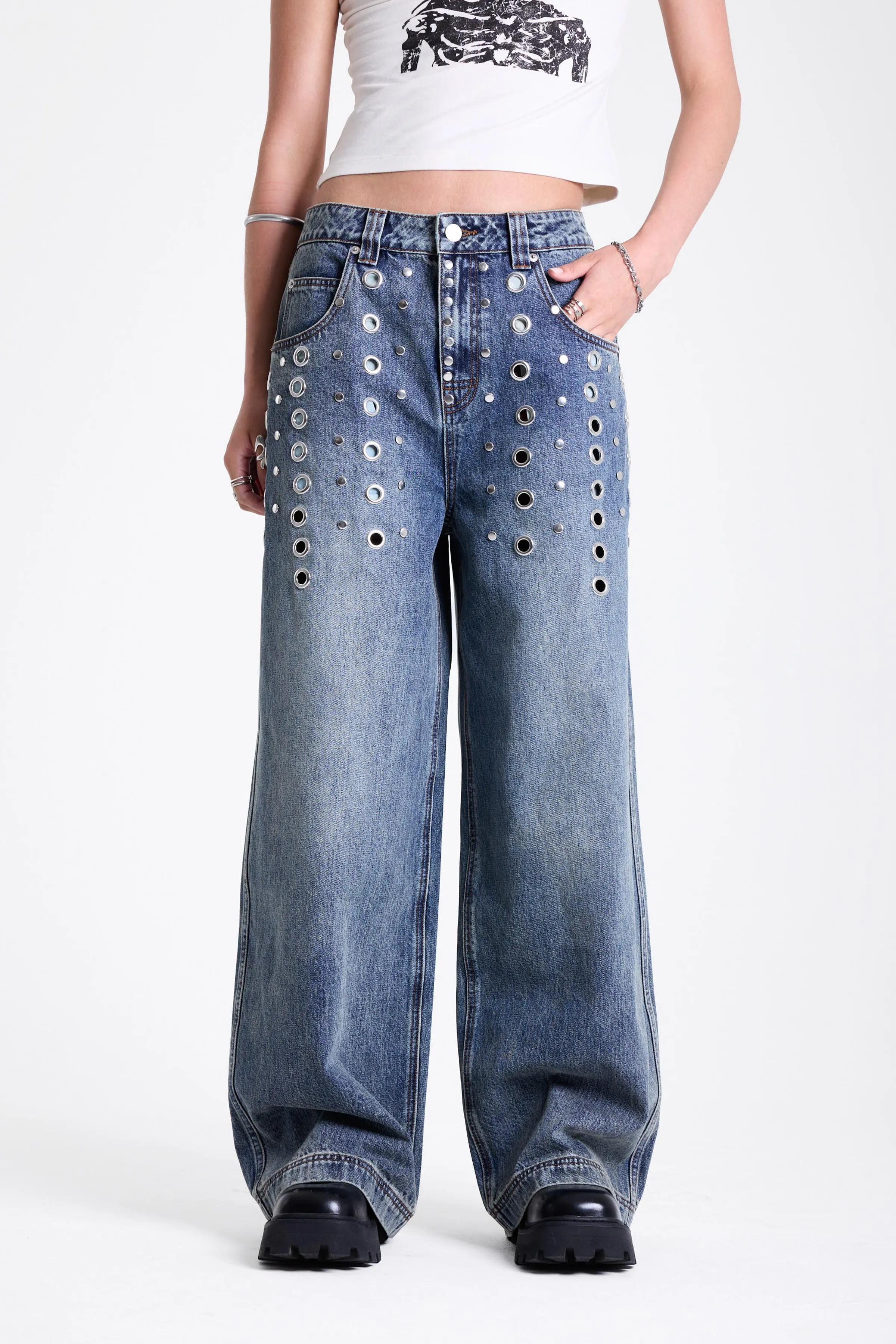 Puncture Eyelet Studded Baggy Jeans sold by The Ragged Priest product image thumbnail 5