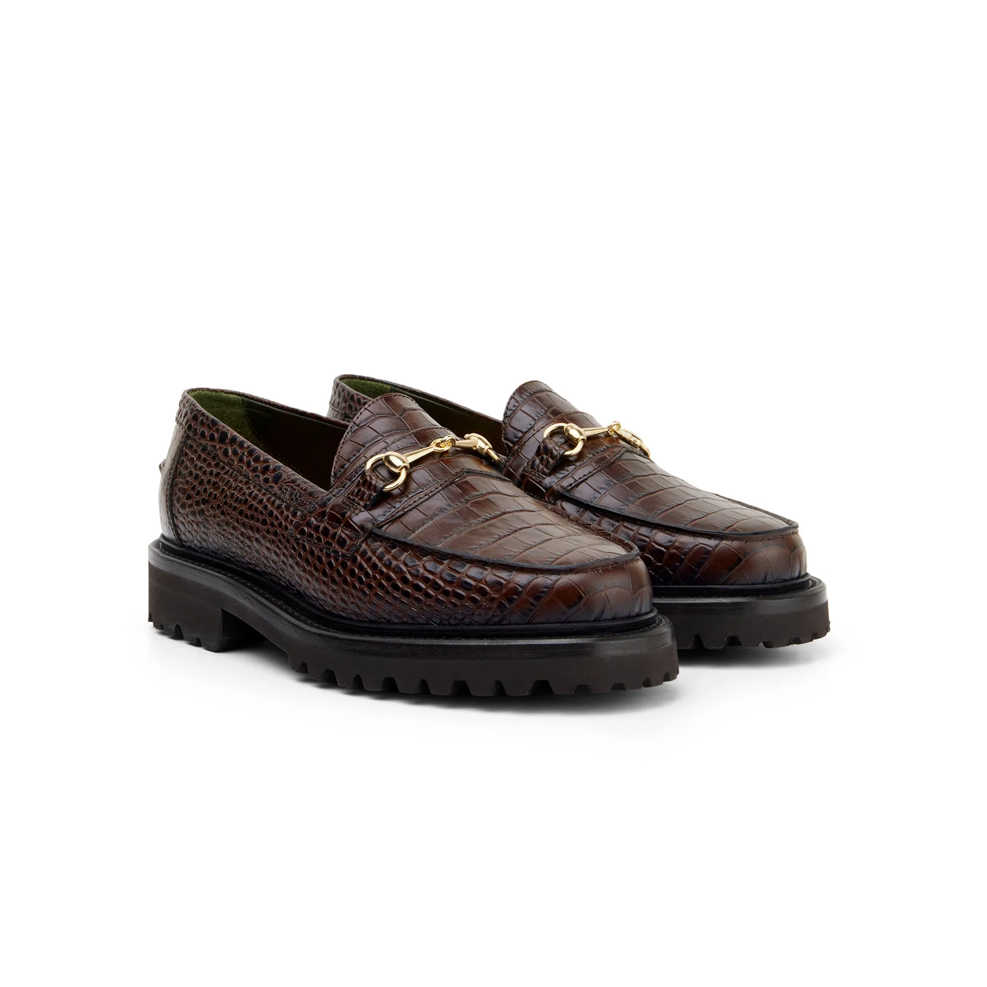 The Mason Horse Bit Loafer, Walnut Croc, Vibram 1757 Lug Sole sold by Blackstock & Weber