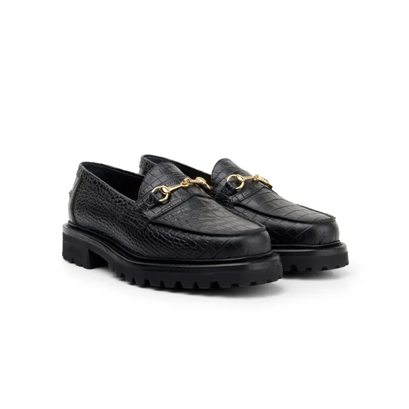 The Mason Horse Bit Loafer, Onyx Croc, Lug Sole sold by Blackstock & Weber