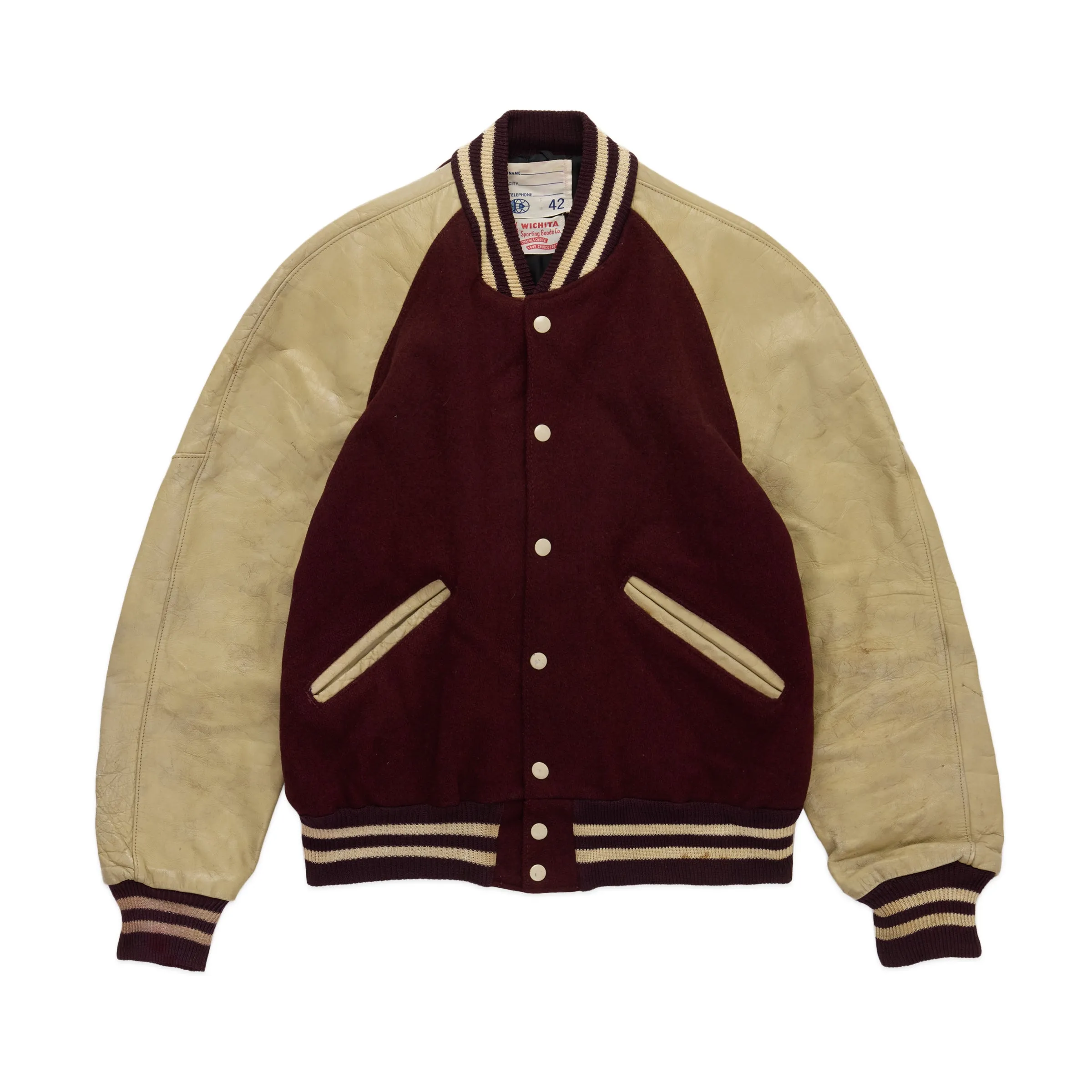 Maroon/Cream Wool Varsity Jacket sold by Blackstock & Weber