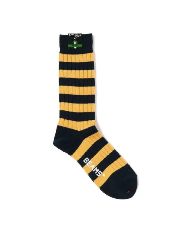 Beams Plus Ribbed Knit Striped Socks, Navy/Gold sold by Blackstock & Weber