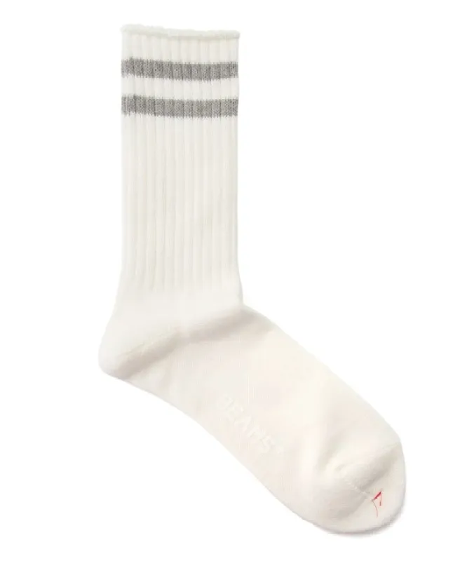 Beams Plus Schoolboy Socks, White/Grey sold by Blackstock & Weber