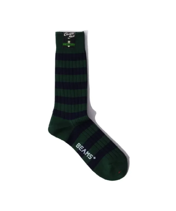 Beams Plus Striped Rib Socks, Green sold by Blackstock & Weber