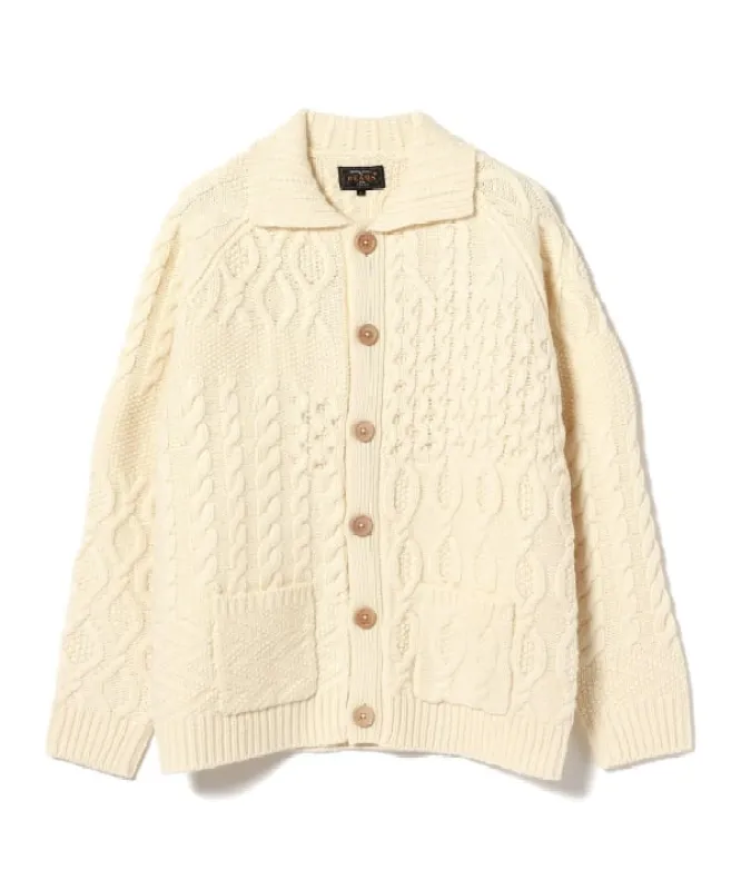 Beams Plus Aran Patchwork Cardigan, Off White sold by Blackstock & Weber