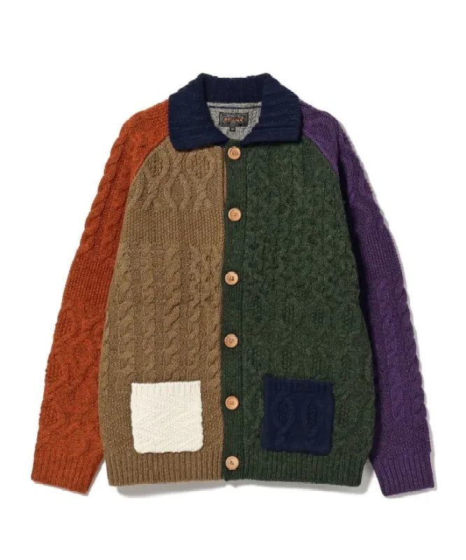 Beams Plus Aran Patchwork Cardigan, Multi sold by Blackstock & Weber