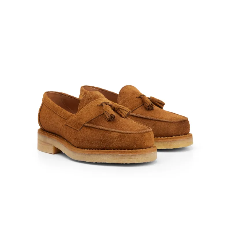 The Clásico Tassel Loafer, Tobacco Suede, Crepe sold by Blackstock & Weber
