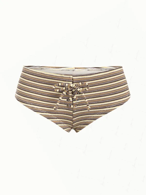 Brown Ribbed Knit Striped Grommet Lace Up Bikini Bottom Cheeky Swim Boyshorts made by Seamolly