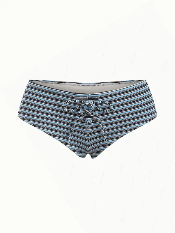 Vintage Blue Knit Striped Ribbed Grommet Lace Up Bikini Bottom Cheeky Swim Boyshorts made by Seamolly
