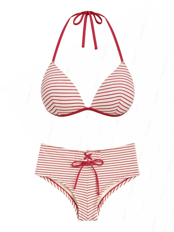 Seamolly Y2K Striped Push Up Top & Cheeky Boyshorts Bikini Set made by Seamolly