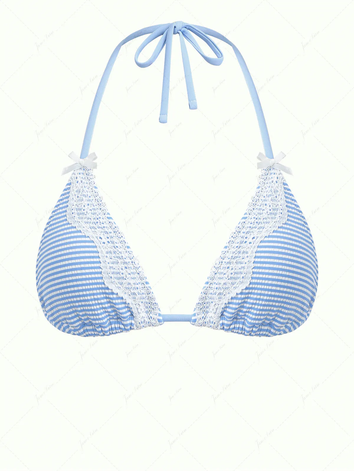 Light Blue Striped Contrast Lace Bowknot Halter Triangle Bikini Top sold by Seamolly product image thumbnail 2