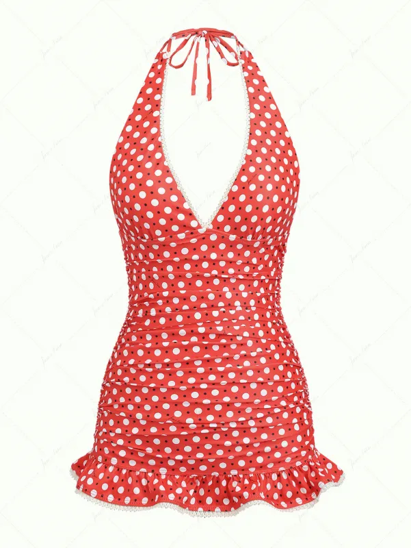 Vintage Red Polka Dot Ruched Lace Halter Tied Mini Swim Dress made by Seamolly