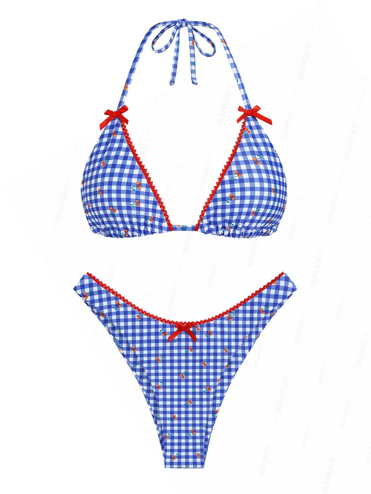 Seamolly Gingham Cherry Lace Bowknot Halter Triangle Cheeky Bikini Set sold by Seamolly product image thumbnail 2