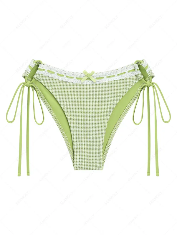 Green Gingham Lace Bowknot Cinched Tie Side Hipster Bikini Bottom made by Seamolly