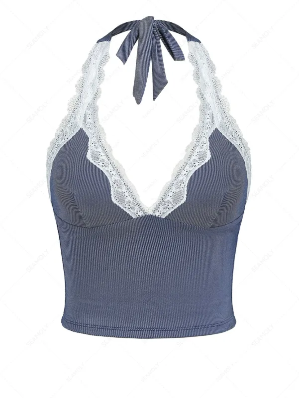 Deep Blue Denim Lace Plunging Neck Halter Tied Tankini Top made by Seamolly