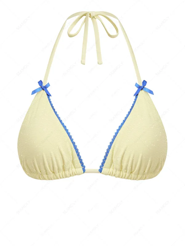 Yellow Glitter Sparkly Lace Bowknot Halter Triangle Bikini Top made by Seamolly