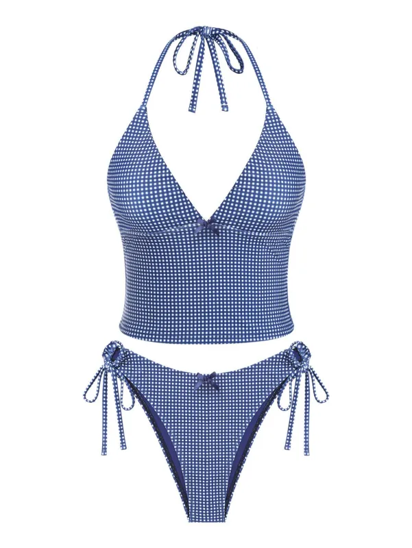 Seamolly Gingham Bowknot Decor Tie Side Tankini Set made by Seamolly