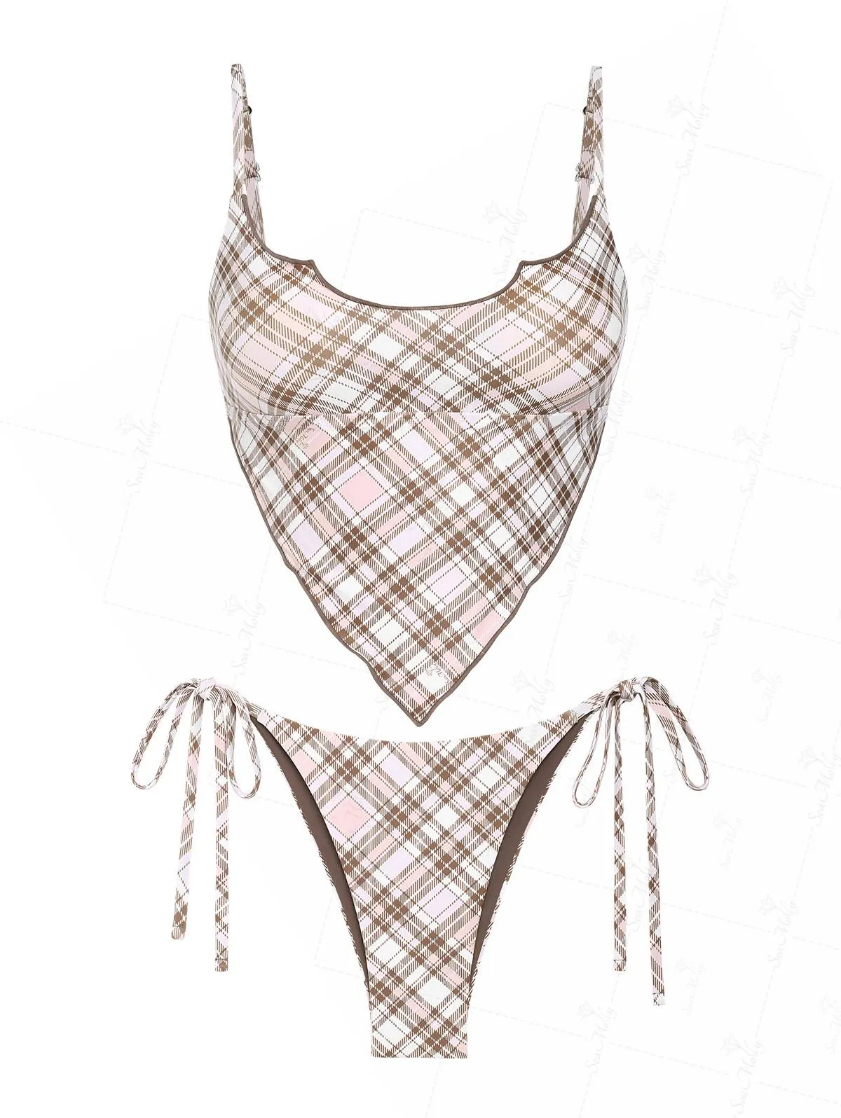 Seamolly Coffee Color Gingham Hanky Hem Cinched Tied Back Tie Side Tankini Set sold by Seamolly product image thumbnail 5