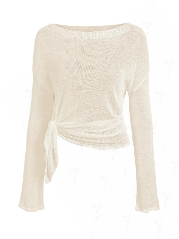 Solid Color Slit Side Long Sleeve Pullover Beach Top made by Seamolly