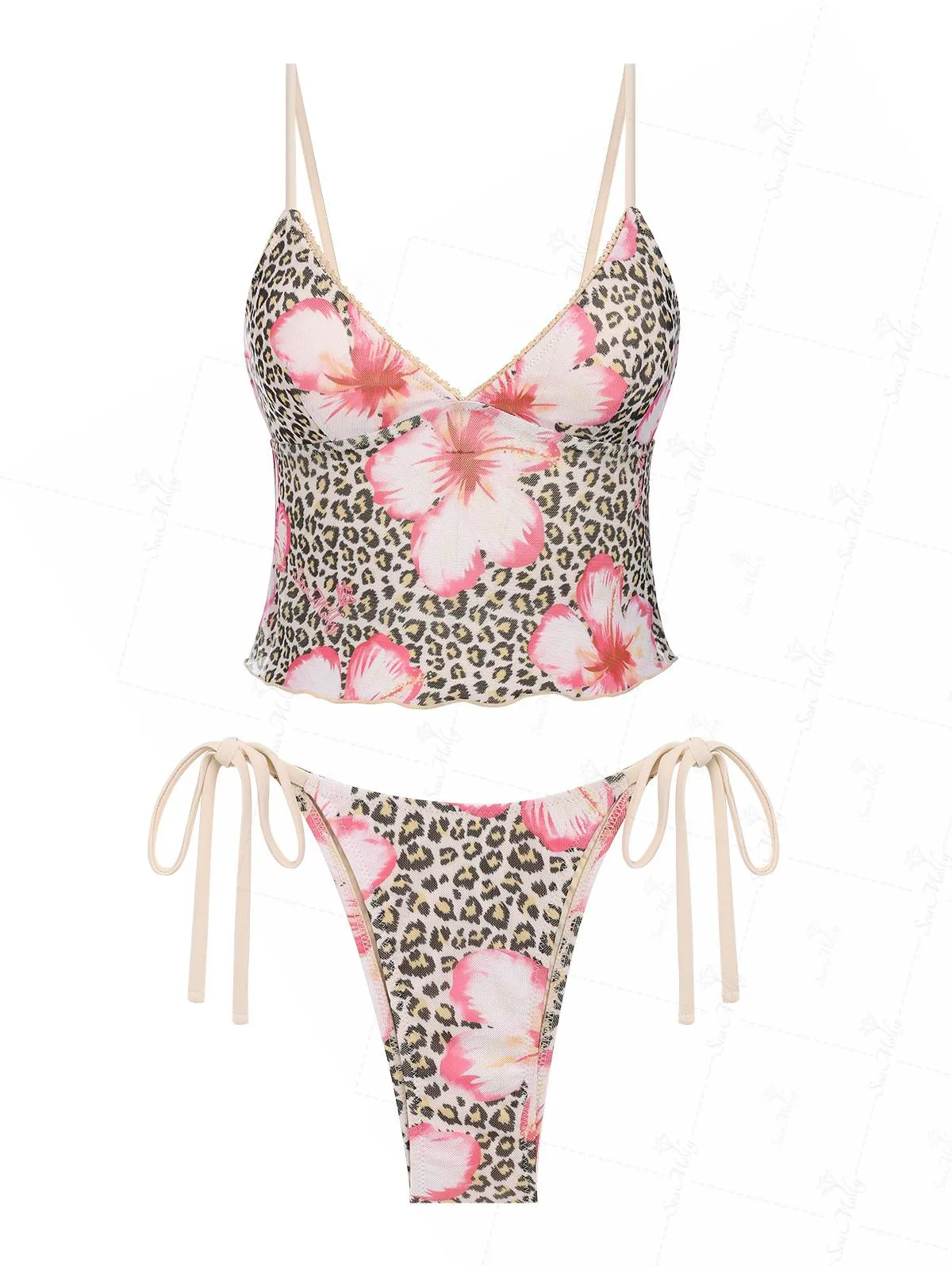 Seamolly Vintage Leopard Floral Print Lace Trim Tie Side Tankini Set - Hawaii Style sold by Seamolly product image thumbnail 2
