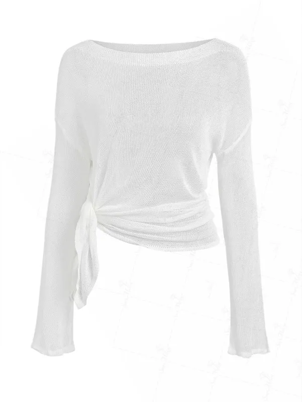 Solid Color Slit Side Long Sleeve Pullover Beach Top made by Seamolly