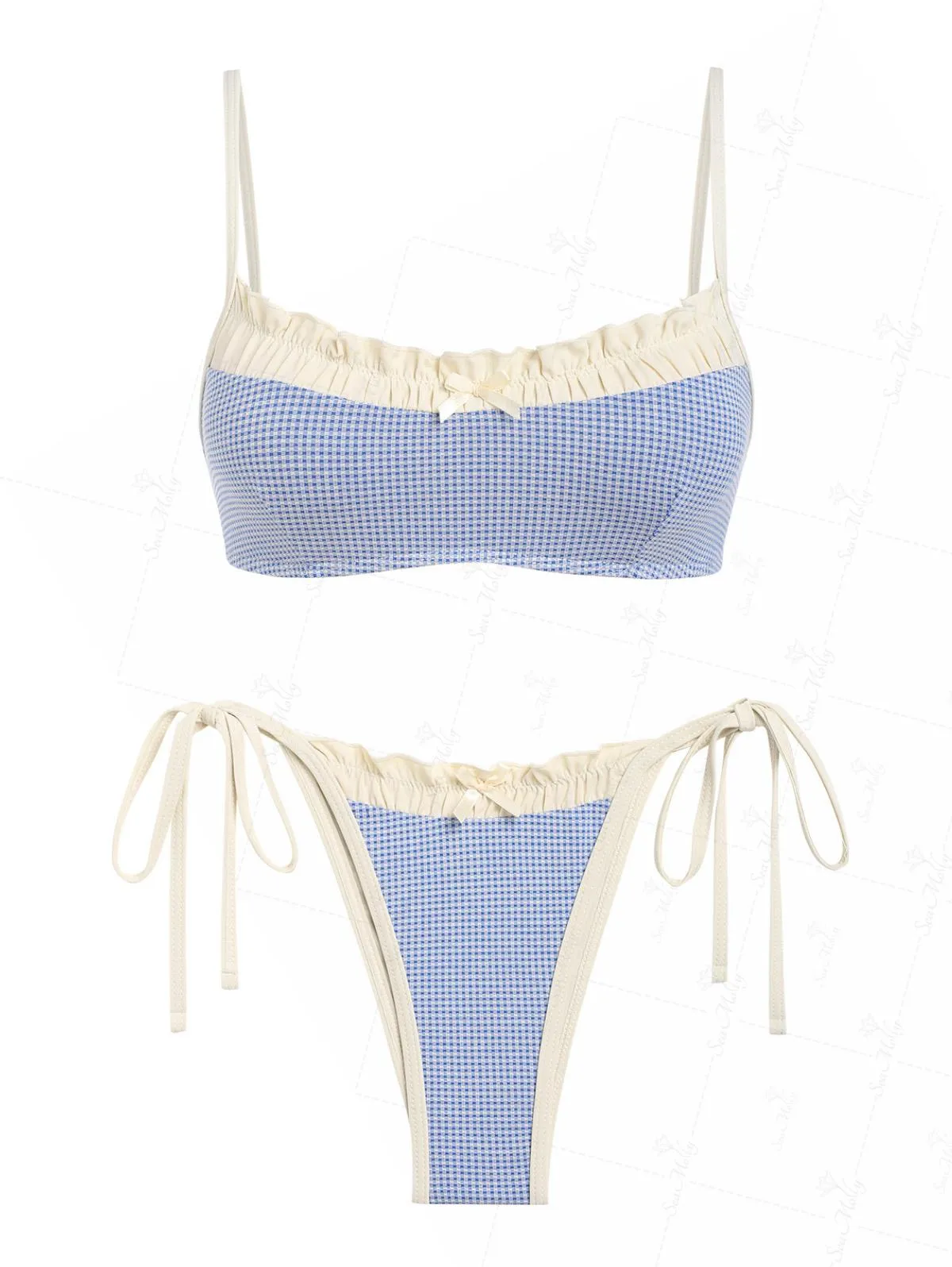 Seamolly Vintage Gingham Spliced Ruched Ruffles Trim Bowknot Decor Tie Side Bikini Set sold by Seamolly product image thumbnail 2