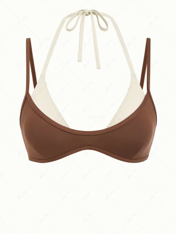 Brown Colorblock Two Tone Double Layer Bikini Top made by Seamolly